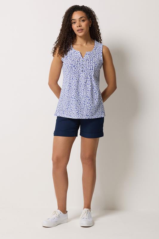 M&Co White & Blue Leaf Print Cotton Sleeveless Henley Top  1