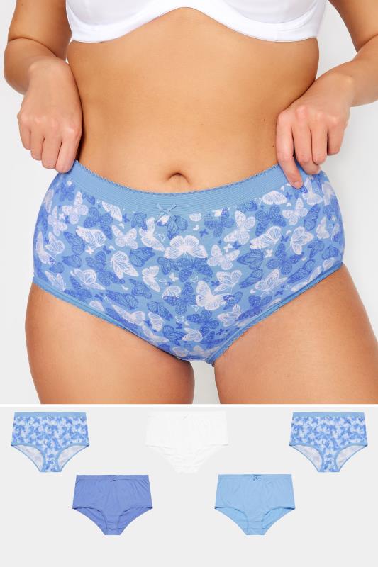 YOURS 5 PACK Plus Size Blue & White Butterfly Design High Waisted Full Briefs | Yours Clothing 1