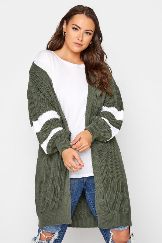 Plus Size Curve Khaki Green Varsity Stripes Knitted Cardigan | Yours Clothing 1