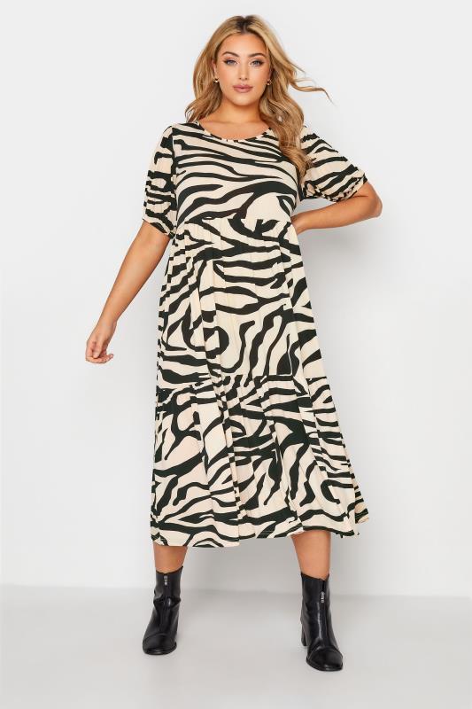 Plus Size  Cream Zebra Print Puff Sleeve Smock Midaxi Dress