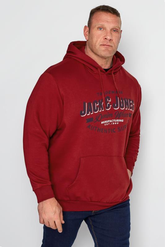 JACK & JONES Big & Tall Burgundy Red Logo Printed Hoodie 1