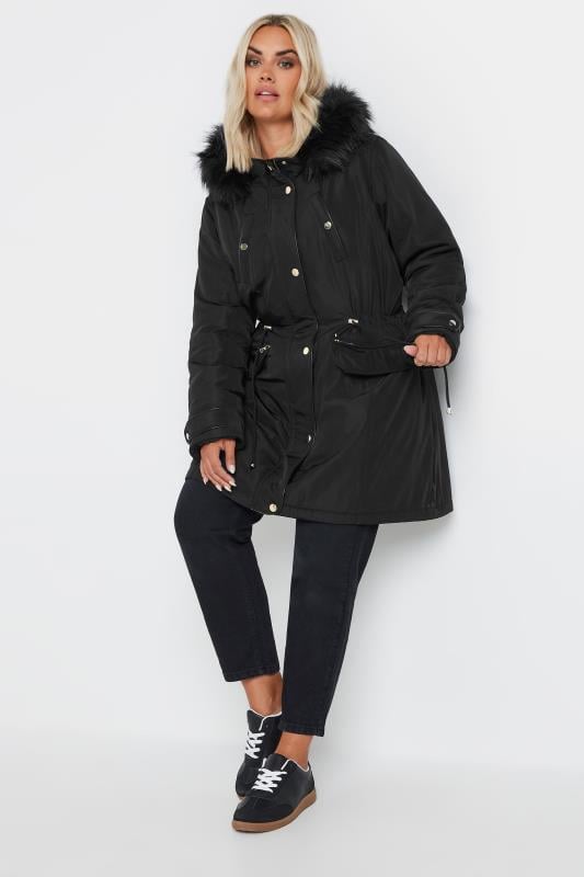 YOURS Plus Size Black Faux Fur Trim Plush Parka Jacket | Yours Clothing 2