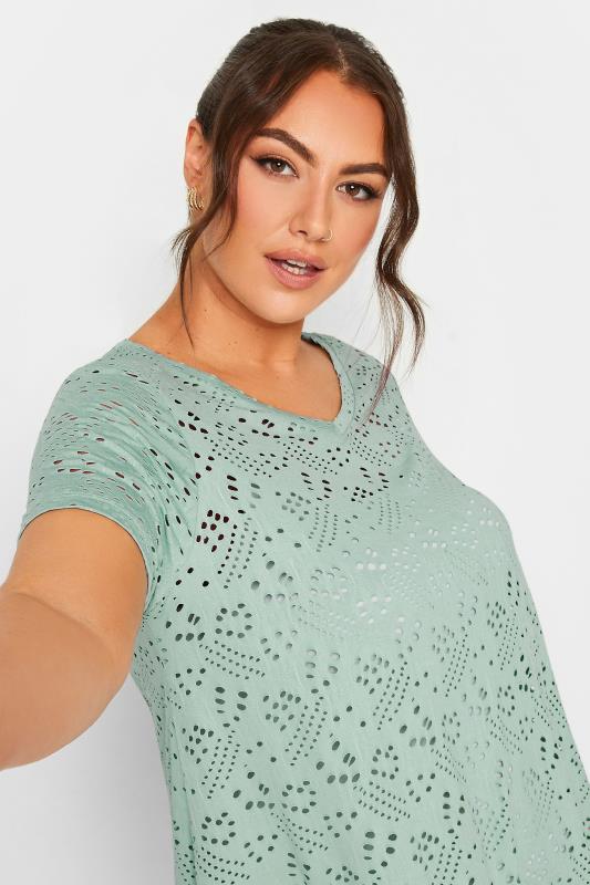 YOURS Plus Size Sage Green Broderie Anglaise Swing T-Shirt | Yours Clothing 4