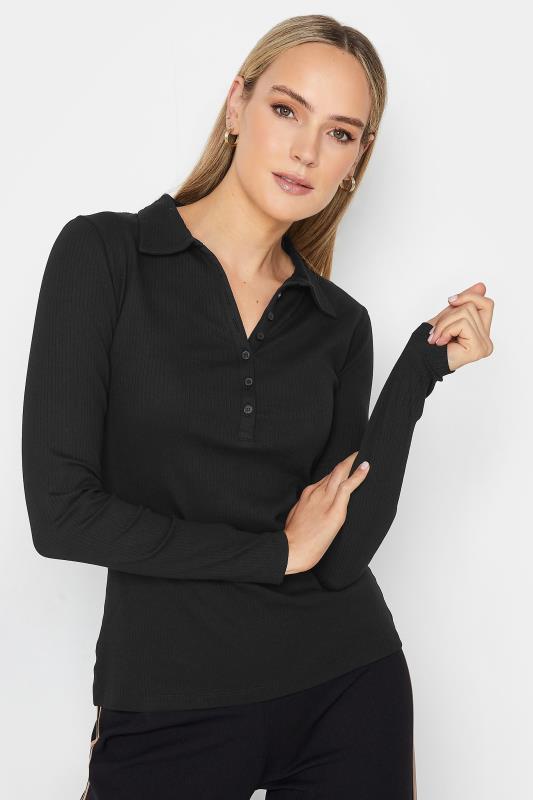 LTS Tall Black Ribbed Button Detail Collared Top | Long Tall Sally 5