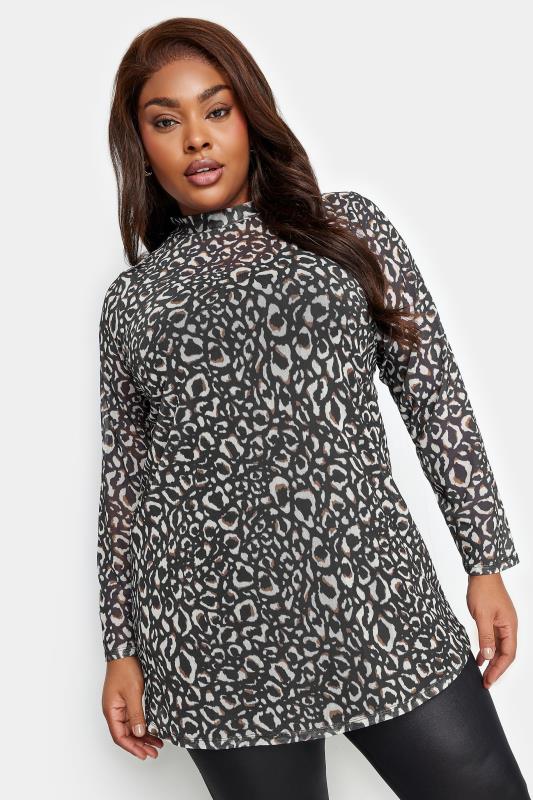 Plus Size  YOURS Curve Grey Leopard Print Mesh Top
