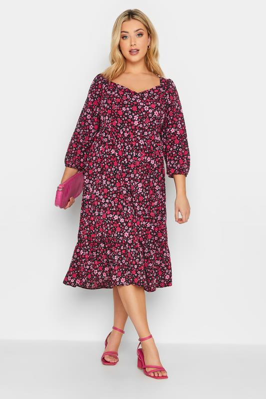 Plus Size Black & Pink Floral Smock Midi Dress | Yours Clothing  2