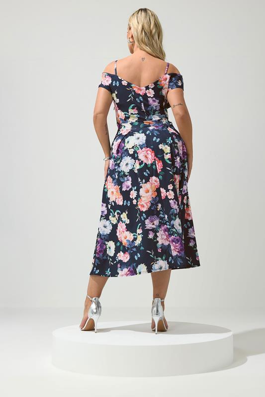 YOURS LONDON Plus Size Navy Blue Bardot Floral Skater Dress | Yours Clothing 2