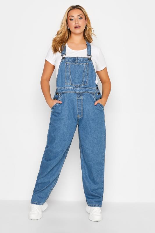 Plus Size Blue Wide Leg Dungarees | Yours Clothing  2