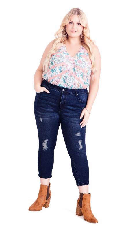 Plus Size  Evans Blue Dark Wash Ripped Cropped Jeans
