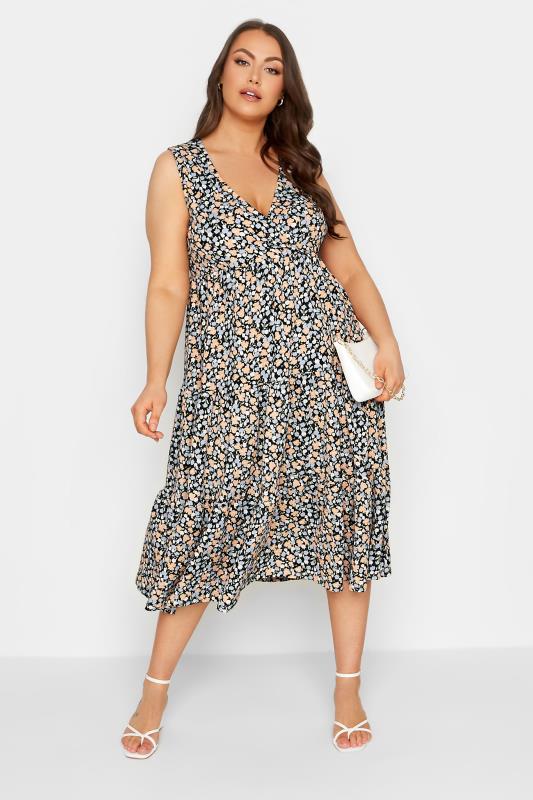 YOURS Plus Size Black Ditsy Print Wrap Midi Dress | Yours Clothing 2