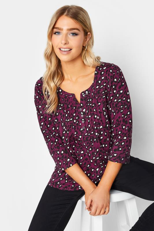 M&Co Berry Red Animal Print Henley Cotton Top | M&Co 1
