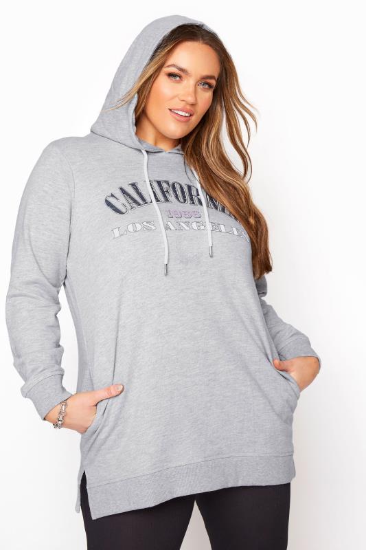 Plus Size  Grey California Slogan Longline Hoodie