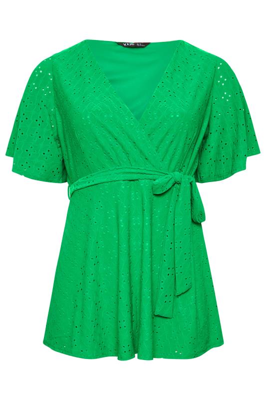 YOURS Curve Plus Size Green V-Neck Broderie Anglaise Wrap Top | Yours Clothing  6