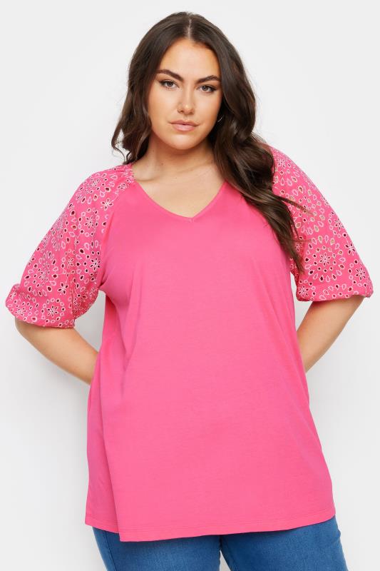 YOURS Plus Size Pink Broderie Anglaise Sleeve T-Shirt | Yours Clothing 1