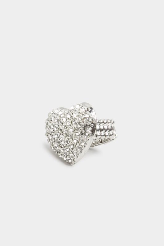 Plus Size  Silver Tone Heart Diamante Stretch Ring