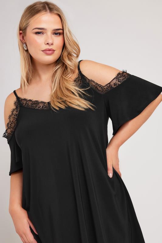 YOURS LONDON Plus Size Black Lace Cold Shoulder Swing Top | Yours Clothing 1