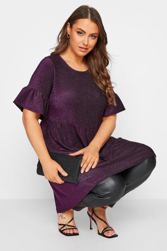 Plus Size Purple Glitter Frill Sleeve Smock Dress | Yours Clothing 4
