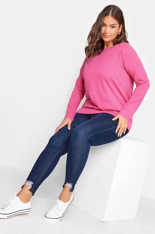 YOURS Curve Plus Size Hot Pink Long Sleeve Essential T-Shirt | Yours Clothing 2