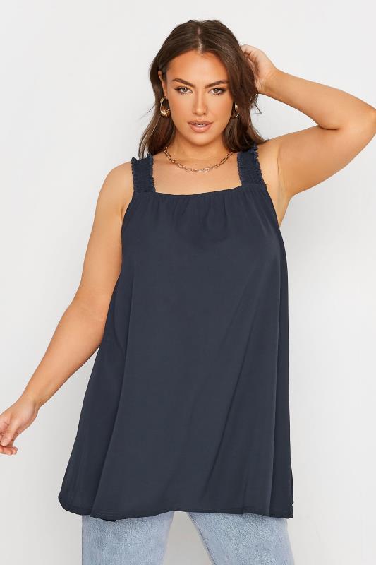 LIMITED COLLECTION Curve Navy Blue Shirred Strap Vest Top_A.jpg