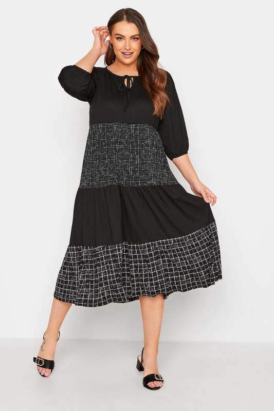  Grande Taille Curve Black Mixed Print Tie Neck Tiered Midaxi Dress