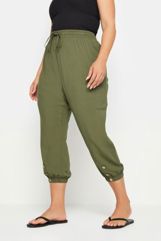 YOURS Plus Size Khaki Green Button Front Cropped Trousers | Yours Clothing 1