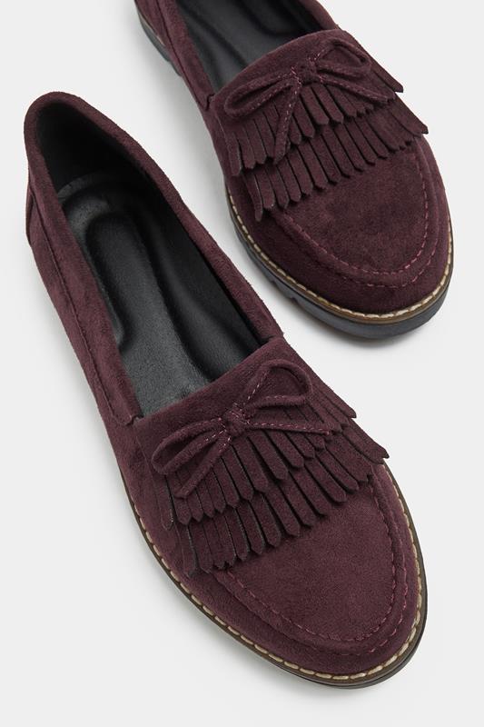 Burgundy Red Faux Suede Fringe Loafers In Wide E Fit | Yours Clothing 5