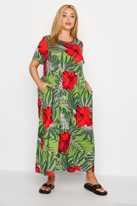 Curve Green Tropical Print Pocket Maxi Dress 2