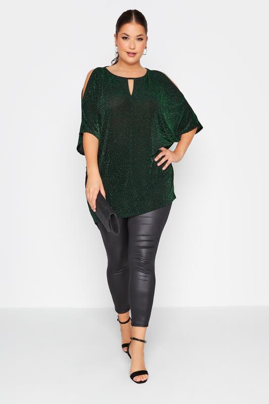YOURS LONDON Plus Size Green Glitter Cold Shoulder Cape Top | Yours Clothing 2