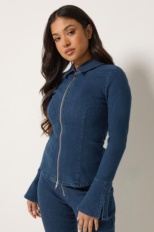  PixieGirl Petite cazadora vaquera con cremallera en azul índigo