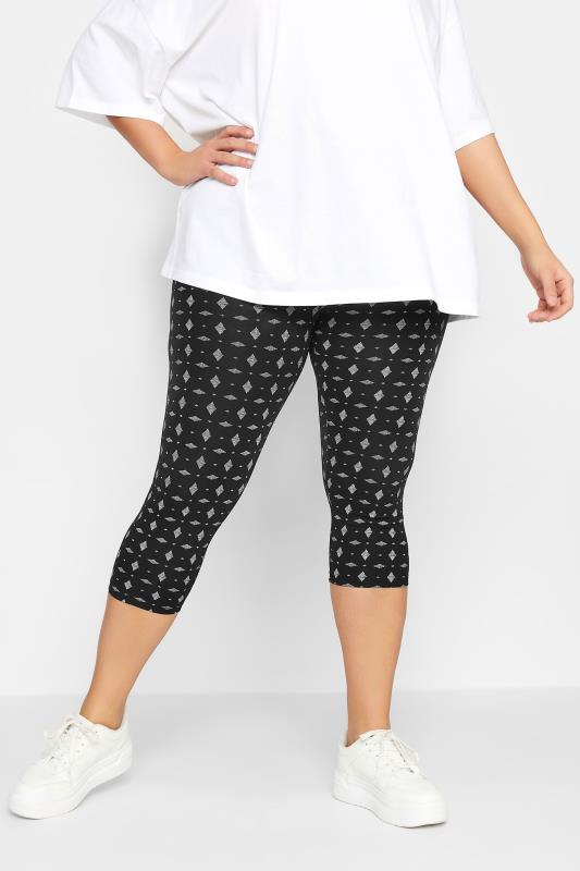 YOURS Plus Size Black Geometric Print Cropped Leggings | Yours Clothing 1