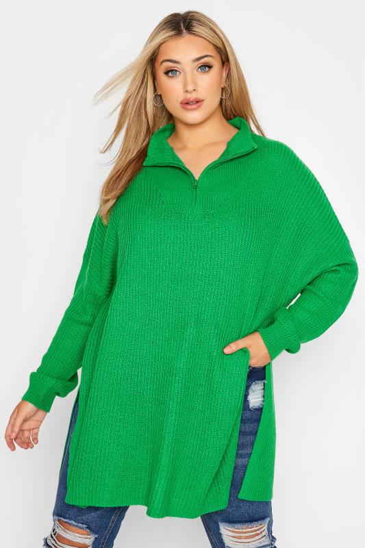 Plus Size Curve Green Quarter Zip Knitted Jumper | Yours Clothing 1