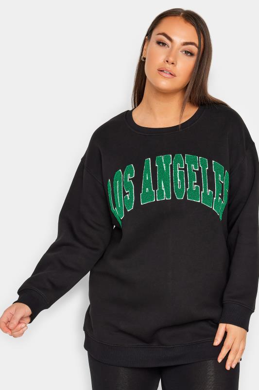 YOURS Plus Size Black 'Los Angeles' Embroidered Slogan Sweatshirt | Yours Clothing 1