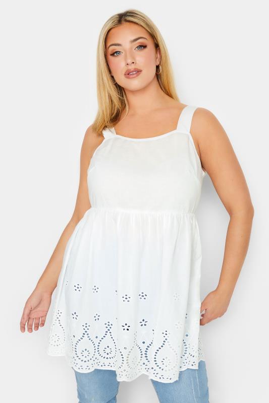 YOURS Plus Size White Broderie Anglaise Vest Top | Yours Clothing 1