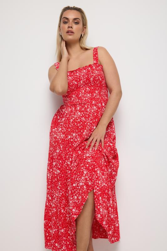 YOURS Plus Size Red Ditsy Floral Print Shirred Maxi Dress | Yours Clothing 1