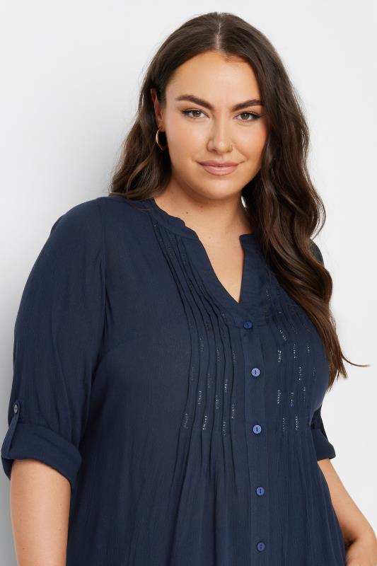 YOURS Plus Size Navy Blue Pintuck Embellished Shirt | Yours Clothing 4
