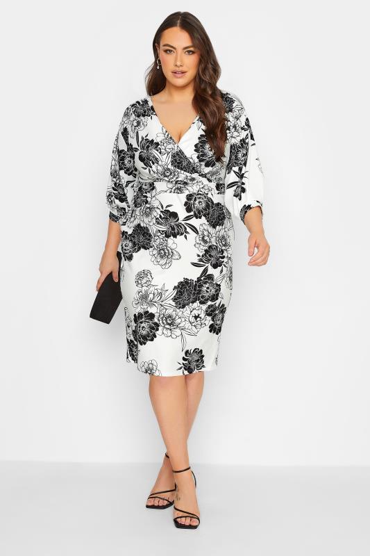 Plus Size  YOURS LONDON Curve White & Black Floral V-Neck Drop Shoulder Wrap Dress