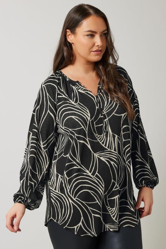 EVANS Plus Size Black Linear Print Long Sleeve Blouse | Evans 4