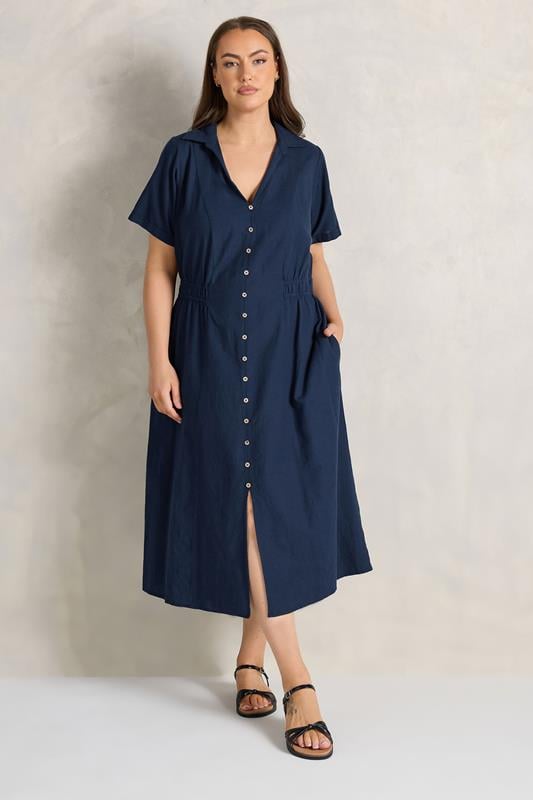  EVANS Midikleid in Marineblau aus Leinen mit gesmokter Taille