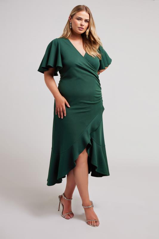 YOURS LONDON Plus Size Emerald Green Ruched Midi Dress | Yours Clothing 2