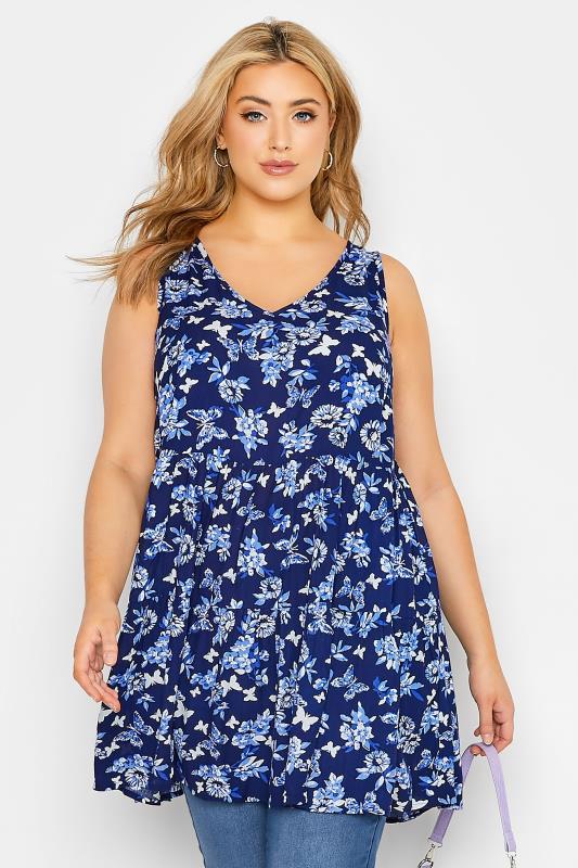 Plus Size Navy Blue Butterfly Floral Print Tiered Tunic Top | Yours Clothing  1