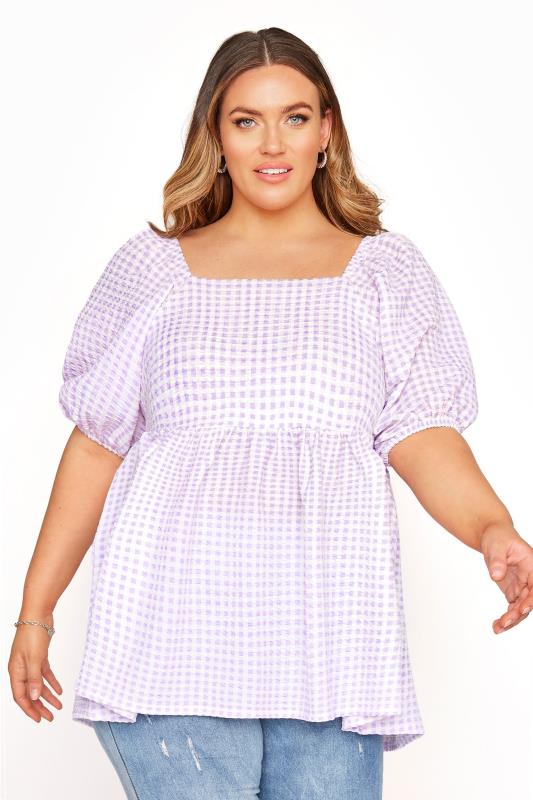 LIMITED COLLECTION Curve Lilac Purple Gingham Milkmaid Top_A.jpg