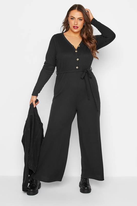  LIMITED COLLECTION Curve Black Ribbed Wide Leg Jumpsuit