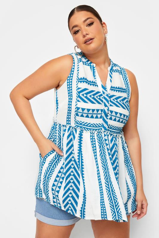 LIMITED COLLECTION Plus Size Blue Aztec Print Peplum Top | Yours Clothing 1