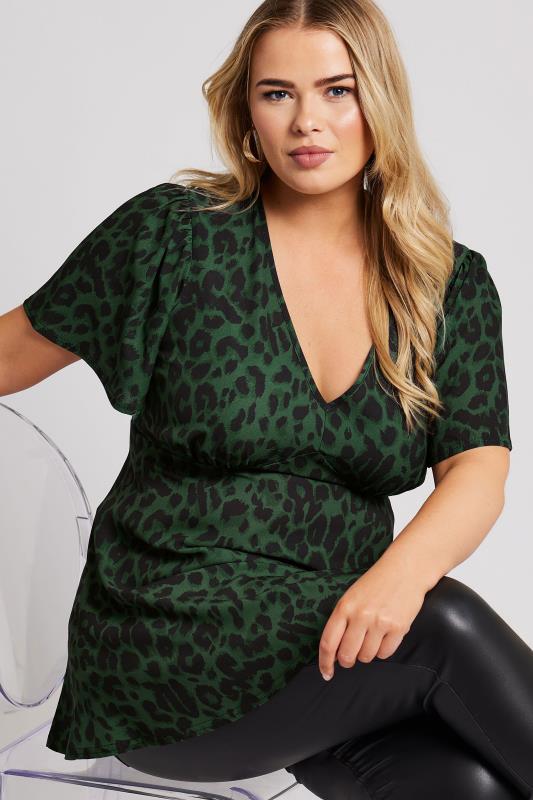 YOURS LONDON Plus Size Green Leopard Print Angel Sleeve Blouse | Yours Clothing 2