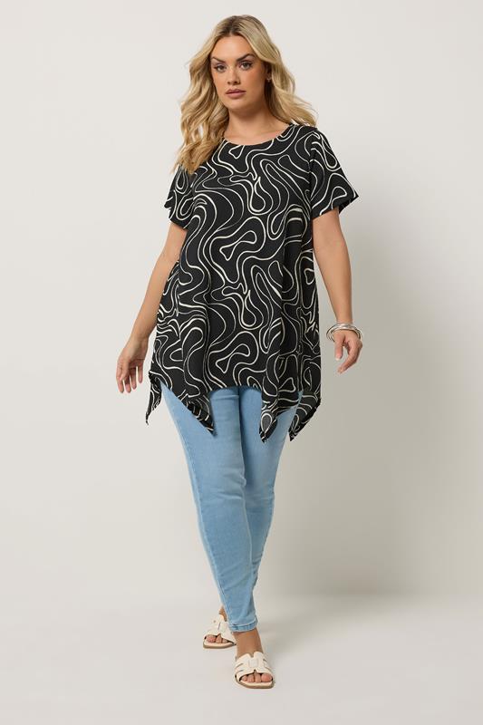 YOURS Plus Size Black Swirl Hanky Hem Top | Yours Clothing 1