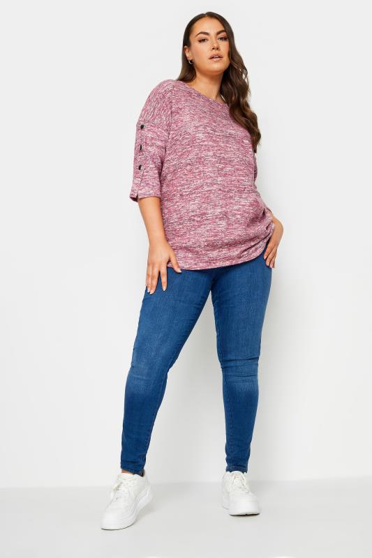YOURS Plus Size Red Marl Soft Touch Button Jumper | Yours Clothing 2