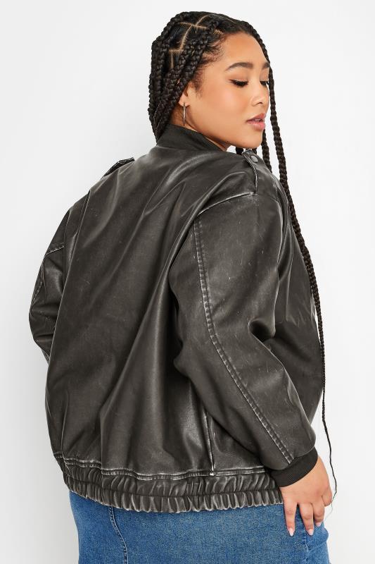 YOURS Plus Size Grey Washed Faux Leather Bomber Jacket | Yours Clothing 5