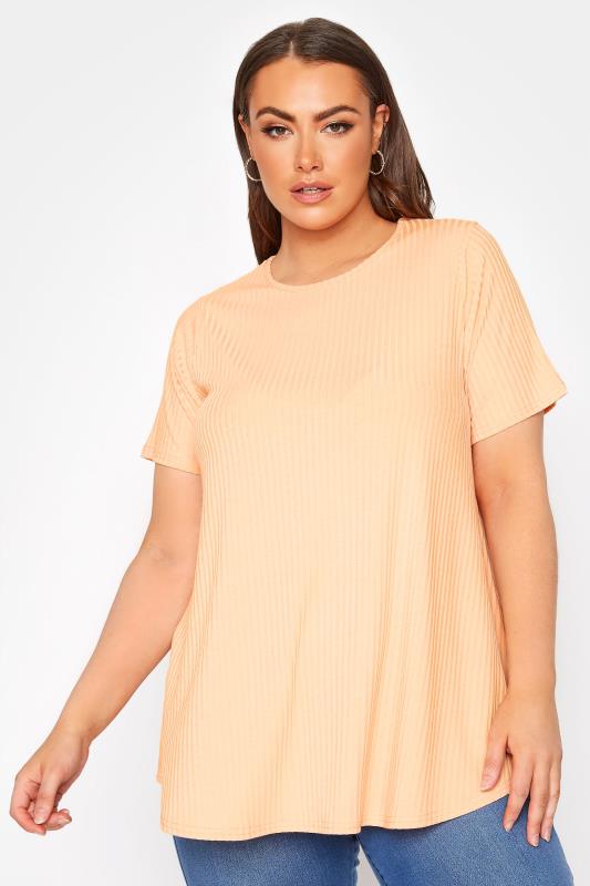 LIMITED COLLECTION Plus Size Pastel Orange Ribbed Swing Top | Yours Clothing  1