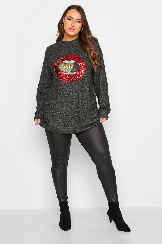 Curve Plus Size Charcoal Grey & Red Glitter Lips Print Soft Touch Long Sleeve Top 2