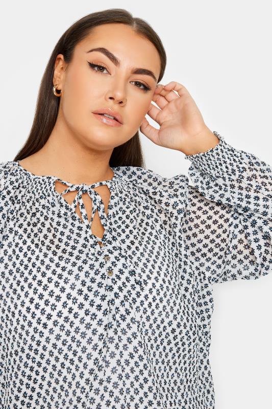 YOURS Plus Size White Floral Print Tie Neck Blouse | Yours Clothing 4